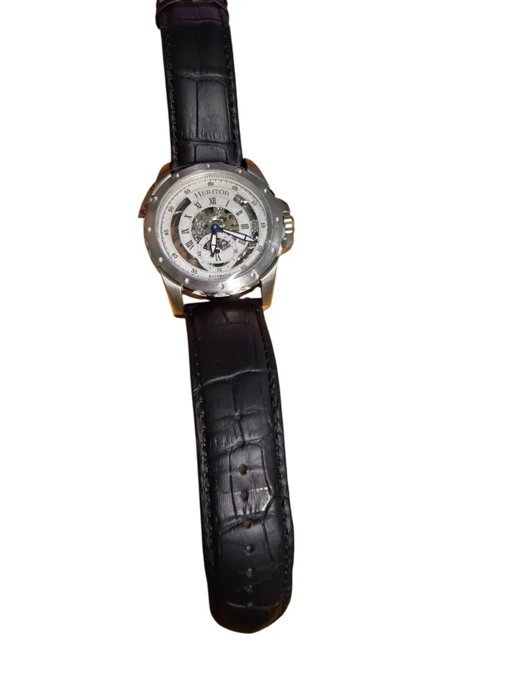 Heritor Automatic Skeleton Watch With Black Leather Strap Stainless Steel Case &